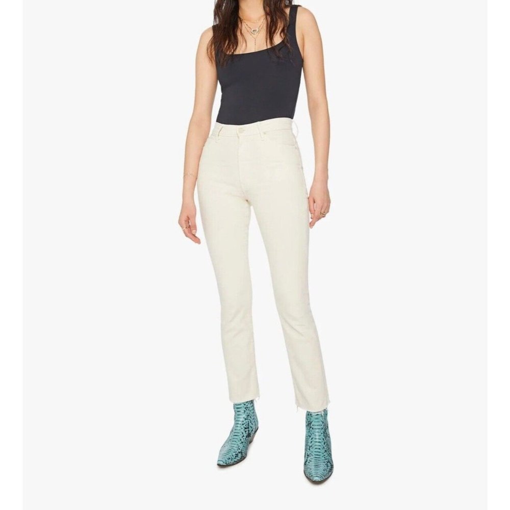 NWT Mother High Waisted Rascal Ankle Fray in Chalk It Up Ivory Stretch Jeans 30 - Picture 1 of 12